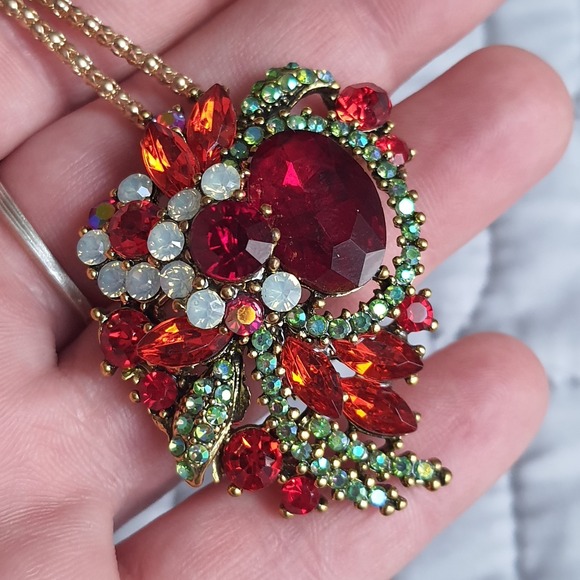 Betsey Johnson Crystal Red Hot Flower Gold Pendant Necklace Brooch Free Gift Bag - Picture 5 of 7